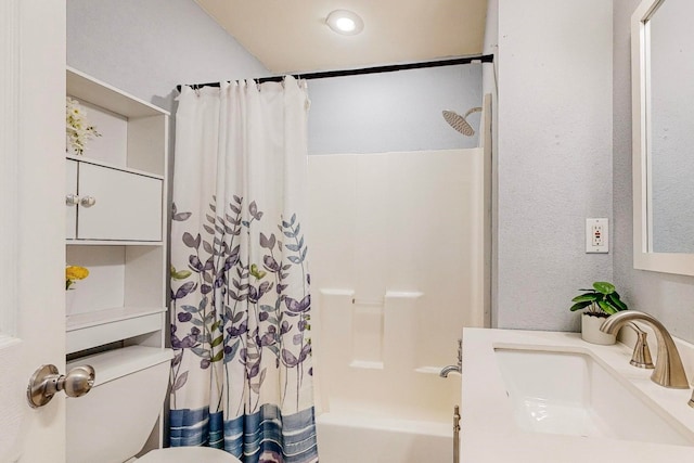 full bathroom with vanity, shower / bathtub combination with curtain, and toilet