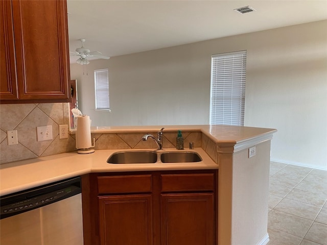 kitchen featuring kitchen peninsula, ceiling fan, sink, light tile floors, and dishwasher