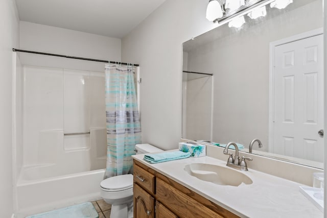 full bathroom with tile patterned flooring, shower / bath combination with curtain, toilet, and vanity