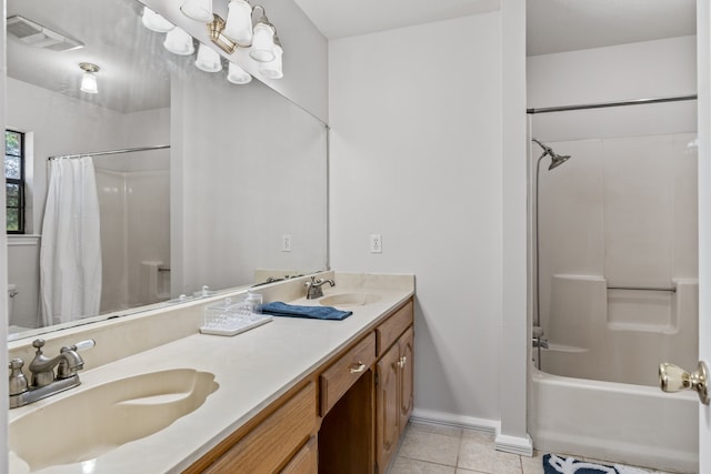 bathroom with tile patterned floors, dual vanity, and shower / bathtub combination with curtain