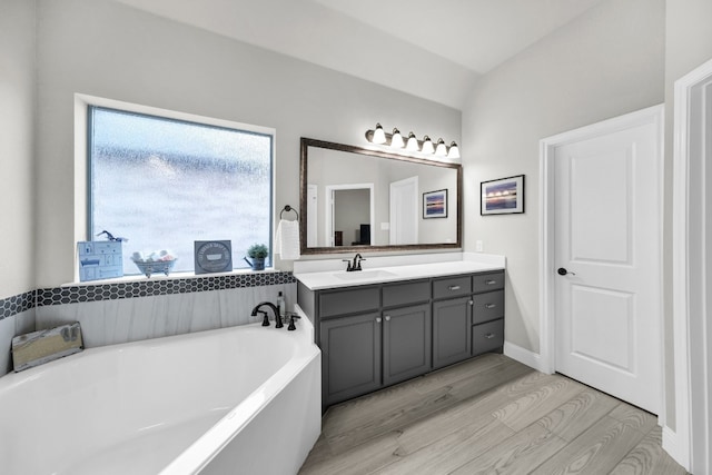 bathroom featuring a bathing tub, vanity, and hardwood / wood-style flooring