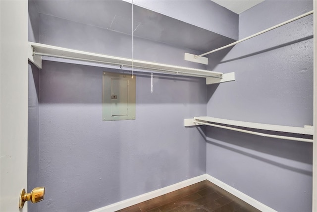 walk in closet with dark hardwood / wood-style floors