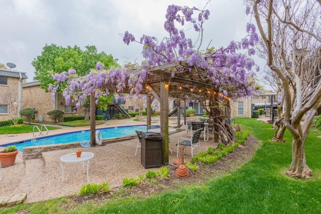 view of swimming pool featuring a pergola, a lawn, and a patio area