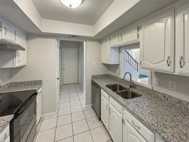 kitchen with sink, electric range, dishwasher, and white cabinetry