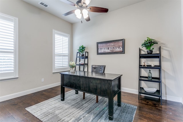 office area featuring ceiling fan and dark hardwood / wood-style flooring