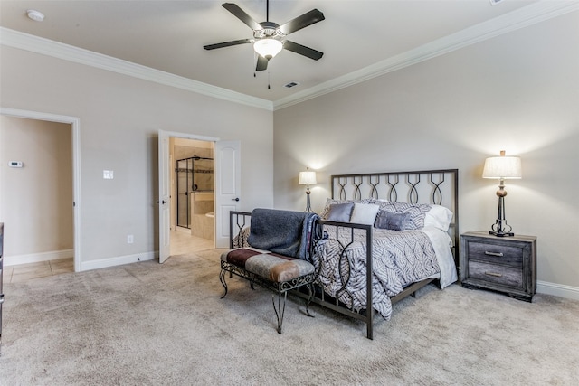 carpeted bedroom featuring ornamental molding, ceiling fan, and ensuite bathroom