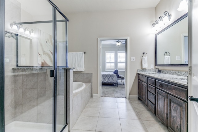 bathroom with vanity, separate shower and tub, ceiling fan, and tile patterned floors