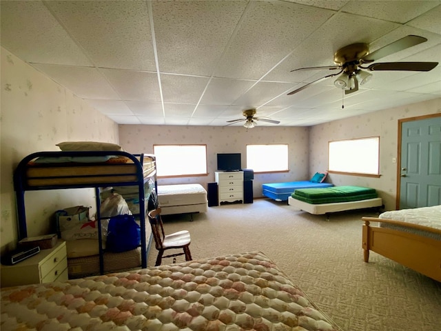 carpeted bedroom featuring ceiling fan and a drop ceiling