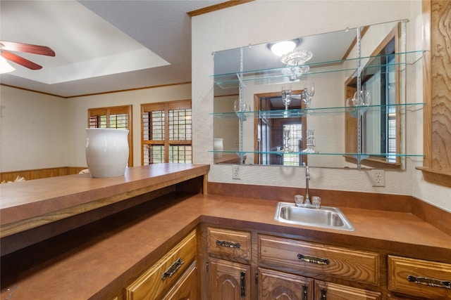 interior space with ceiling fan, a tray ceiling, vanity, and plenty of natural light