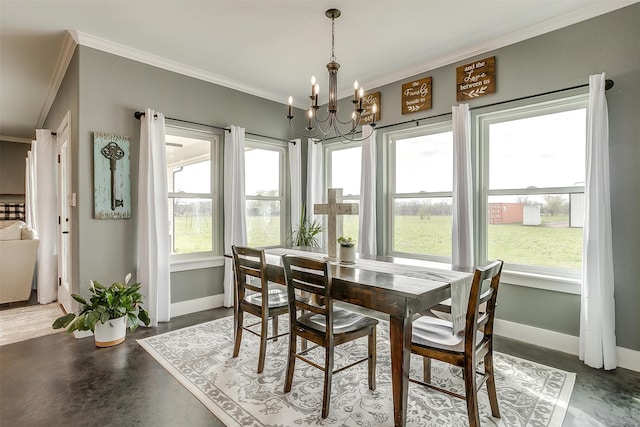 dining space featuring ceiling fan with notable chandelier and ornamental molding