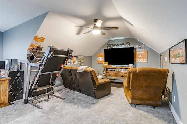 carpeted cinema room featuring ceiling fan and lofted ceiling