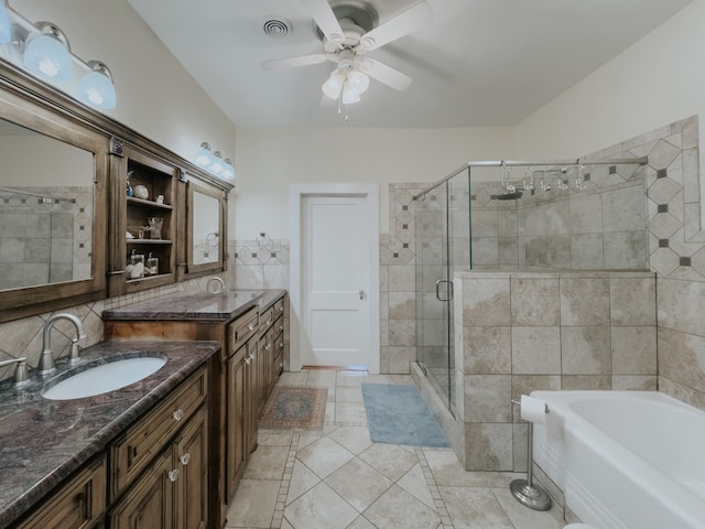 bathroom featuring shower with separate bathtub, vanity, ceiling fan, and tile flooring