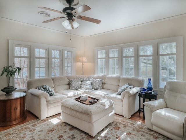 living room with ceiling fan, ornamental molding, and hardwood / wood-style floors