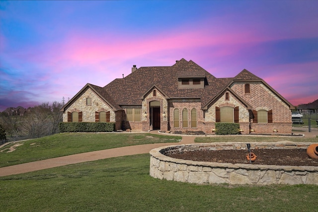 french provincial home featuring a lawn