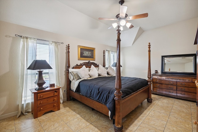 tiled bedroom with ceiling fan