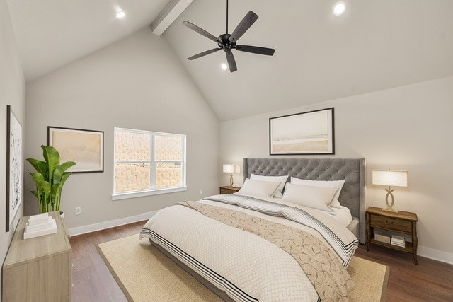 bedroom with high vaulted ceiling, dark hardwood / wood-style flooring, beamed ceiling, and ceiling fan