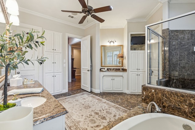 bathroom featuring crown molding, tile flooring, walk in shower, and ceiling fan