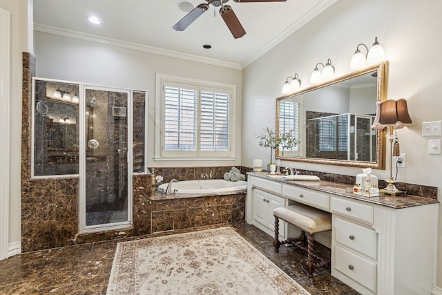 bathroom with ceiling fan, crown molding, shower with separate bathtub, tile flooring, and vanity