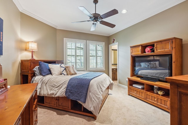 bedroom with light carpet, crown molding, and ceiling fan