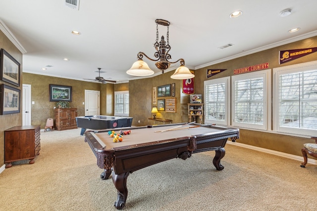 game room featuring pool table, ceiling fan, carpet floors, and ornamental molding