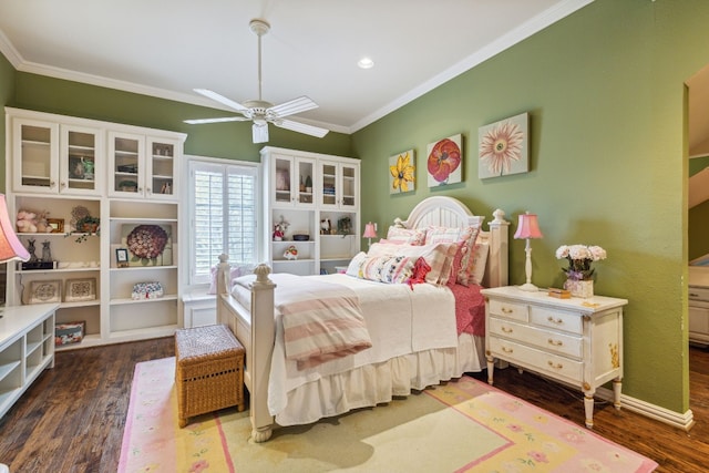 bedroom with ceiling fan, hardwood / wood-style floors, and ornamental molding