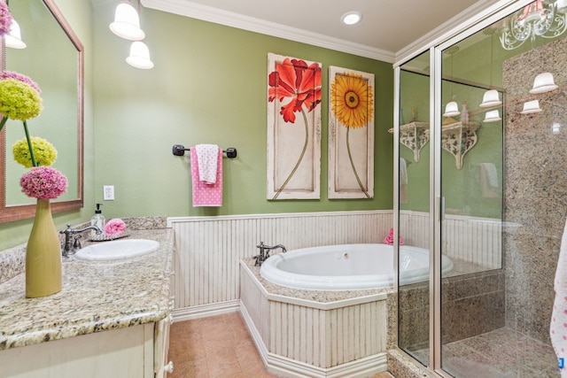 bathroom featuring tile flooring, vanity, plus walk in shower, and ornamental molding