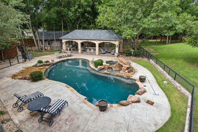 view of swimming pool featuring a gazebo, a lawn, and a patio area