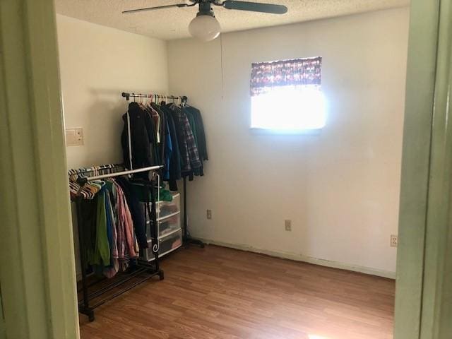 walk in closet featuring ceiling fan and light wood-type flooring