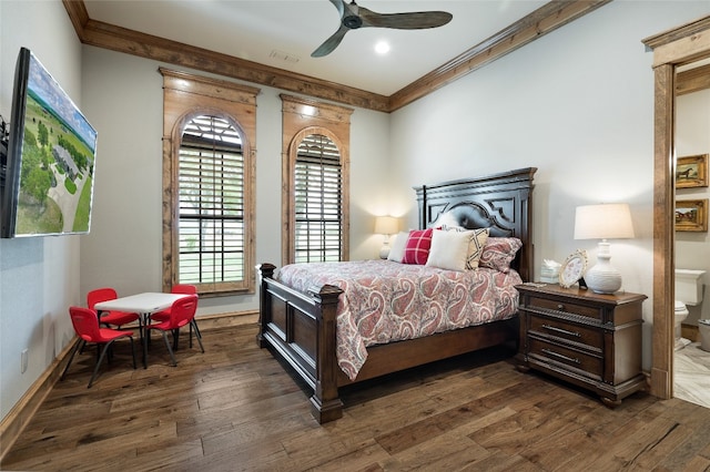 bedroom with dark hardwood / wood-style floors, ceiling fan, ensuite bathroom, and ornamental molding