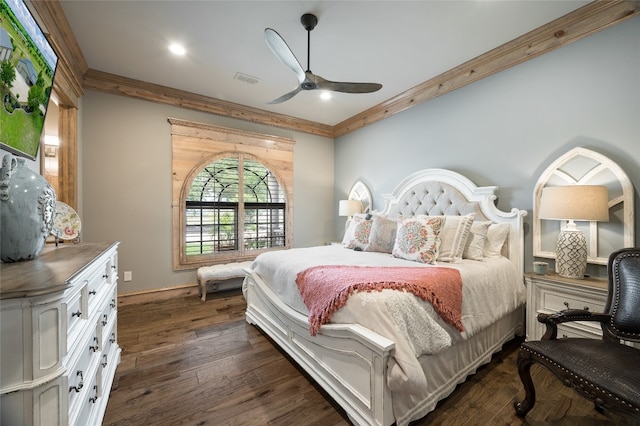 bedroom featuring dark hardwood / wood-style flooring, ceiling fan, and ornamental molding