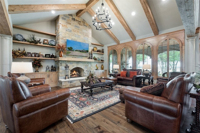 living room featuring high vaulted ceiling, a fireplace, beamed ceiling, dark wood-type flooring, and an inviting chandelier