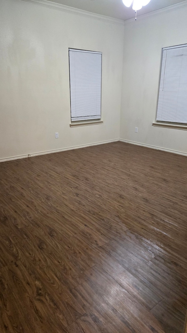 spare room featuring dark hardwood / wood-style flooring and crown molding