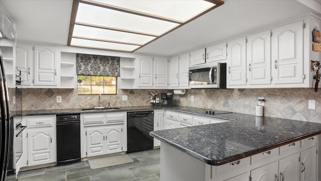 kitchen featuring backsplash, white cabinets, dark stone counters, dishwasher, and dark tile flooring