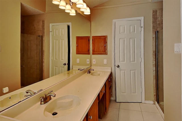 bathroom with an enclosed shower, tile patterned flooring, ornamental molding, vanity, and lofted ceiling