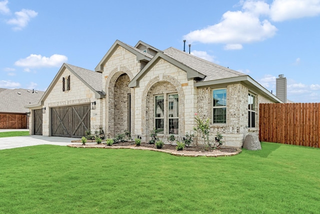 view of front facade with a front yard and a garage