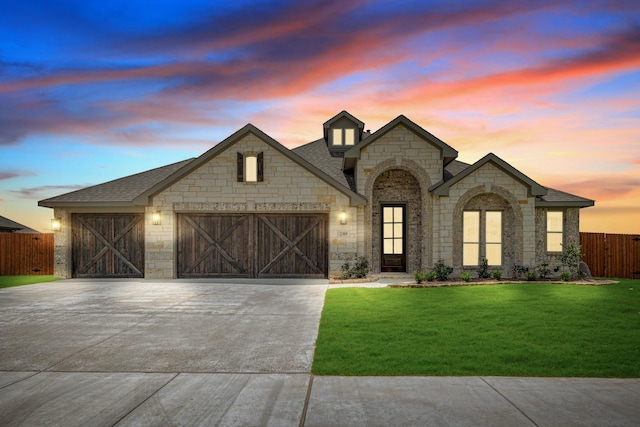 french country style house with a lawn and a garage