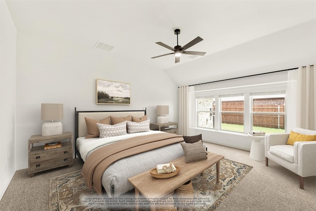 bedroom with lofted ceiling, carpet floors, and ceiling fan