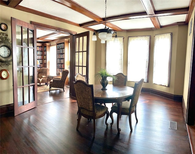 dining room with coffered ceiling, dark wood-type flooring, and beamed ceiling