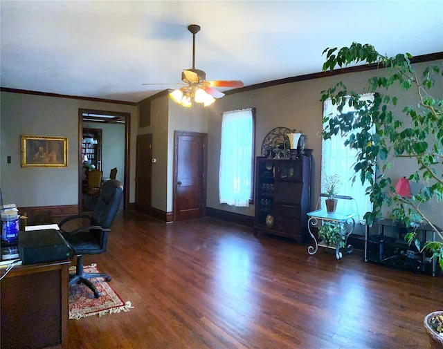 office space with ornamental molding, dark hardwood / wood-style flooring, and ceiling fan