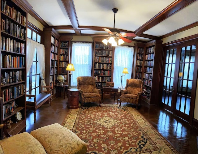 living area featuring wood-type flooring, beam ceiling, french doors, and coffered ceiling