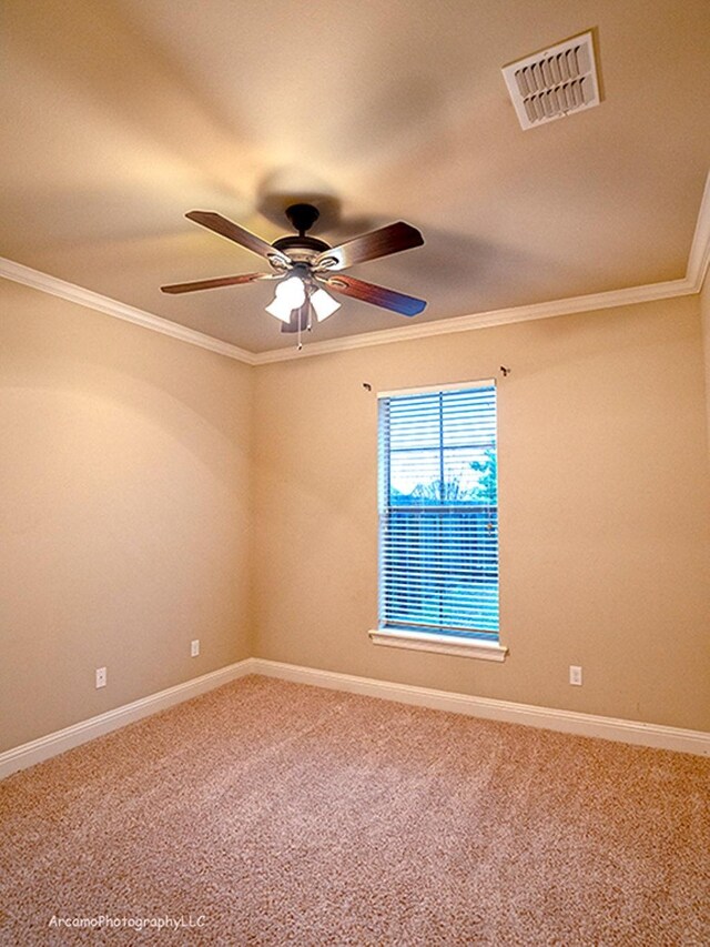 carpeted spare room featuring ceiling fan and crown molding