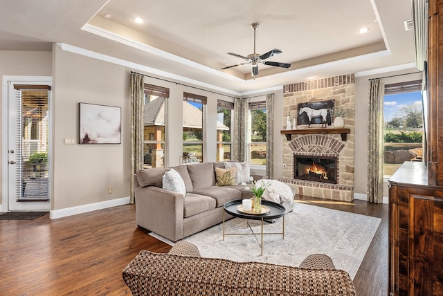 living room featuring dark hardwood / wood-style floors, a stone fireplace, and a tray ceiling