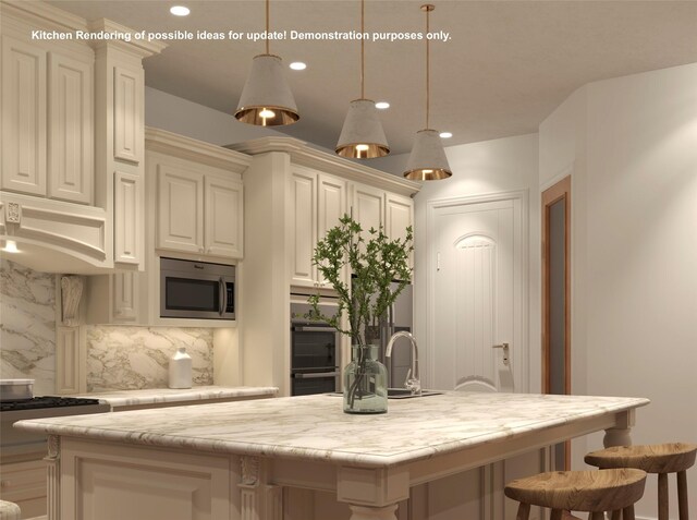 kitchen with cream cabinets, a center island with sink, tasteful backsplash, decorative light fixtures, and light stone counters