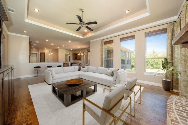 living room featuring baseboards, a ceiling fan, wood finished floors, and a raised ceiling