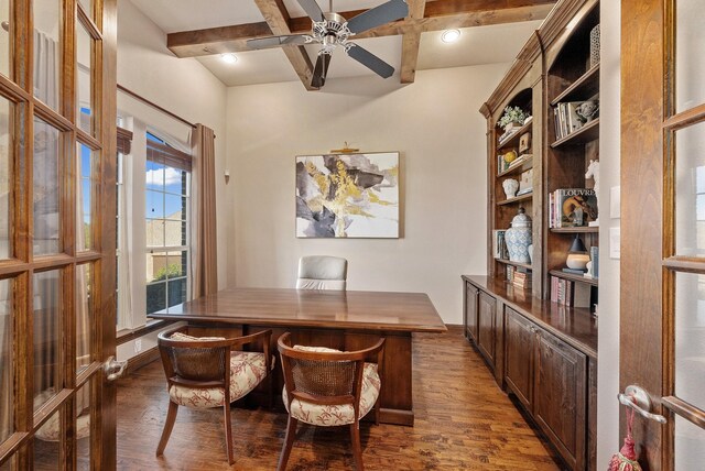 home office featuring french doors, coffered ceiling, ceiling fan, dark wood-type flooring, and beamed ceiling