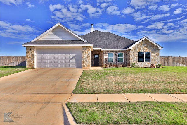 ranch-style home featuring a front yard and a garage