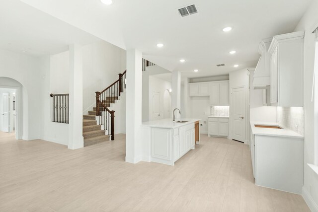 kitchen featuring sink, light hardwood / wood-style floors, white cabinets, and tasteful backsplash