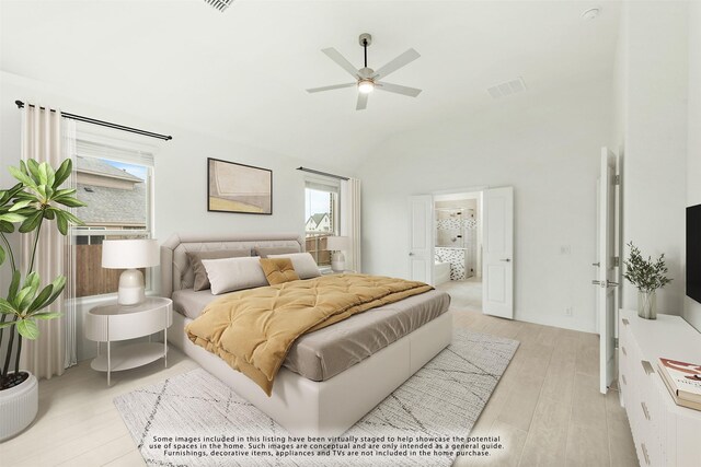 bedroom featuring ceiling fan, vaulted ceiling, and light hardwood / wood-style flooring