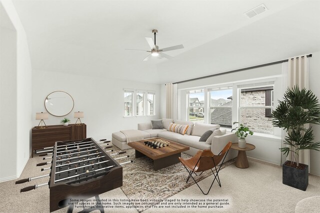 living room with carpet and ceiling fan