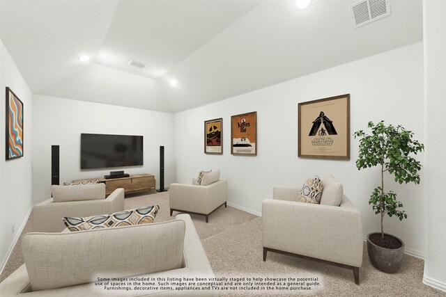 living room with vaulted ceiling and carpet